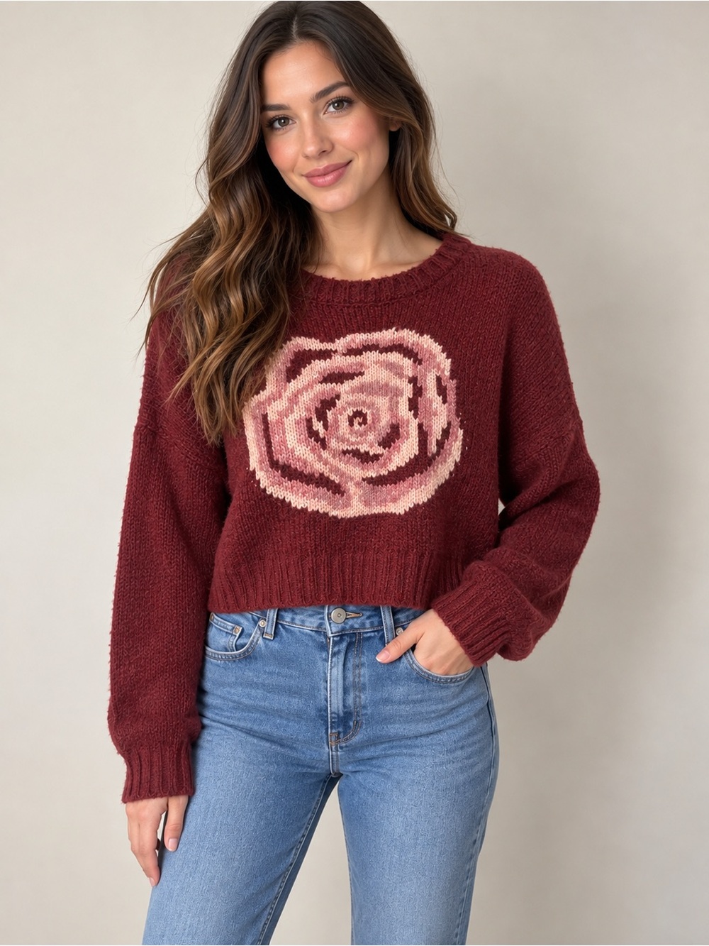Sincerely Jules Cropped Burgundy Rose Intarsia Knit Sweater Size Large NWT